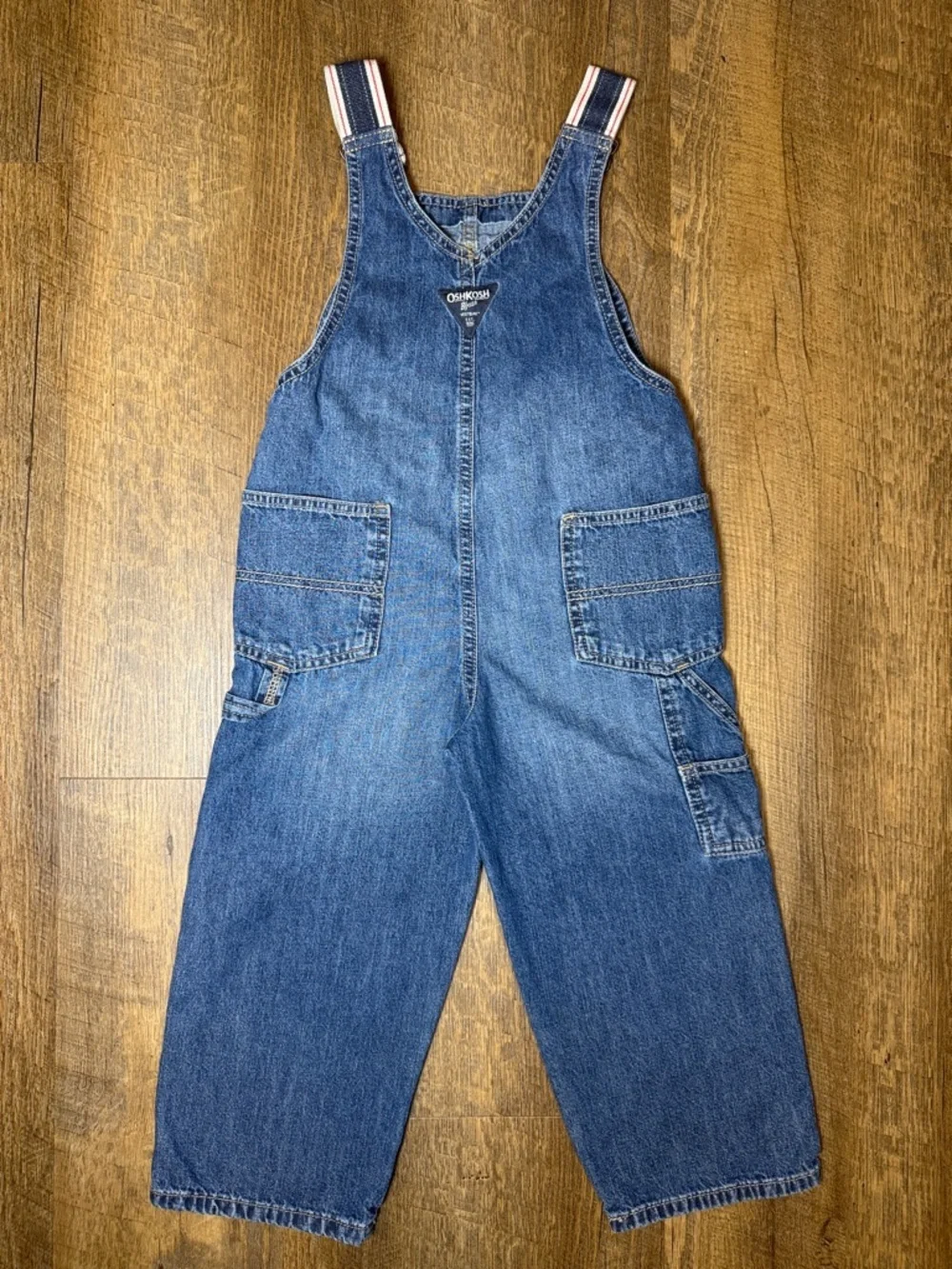 OshKosh B'gosh Boys' Blue Denim Overalls with Red White and Blue Straps Size 4T